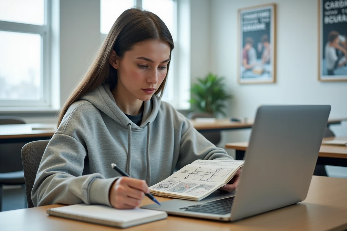 Étudiante en formation menuiserie en ligne étudiant un manuel de cours dans une salle de formation moderne