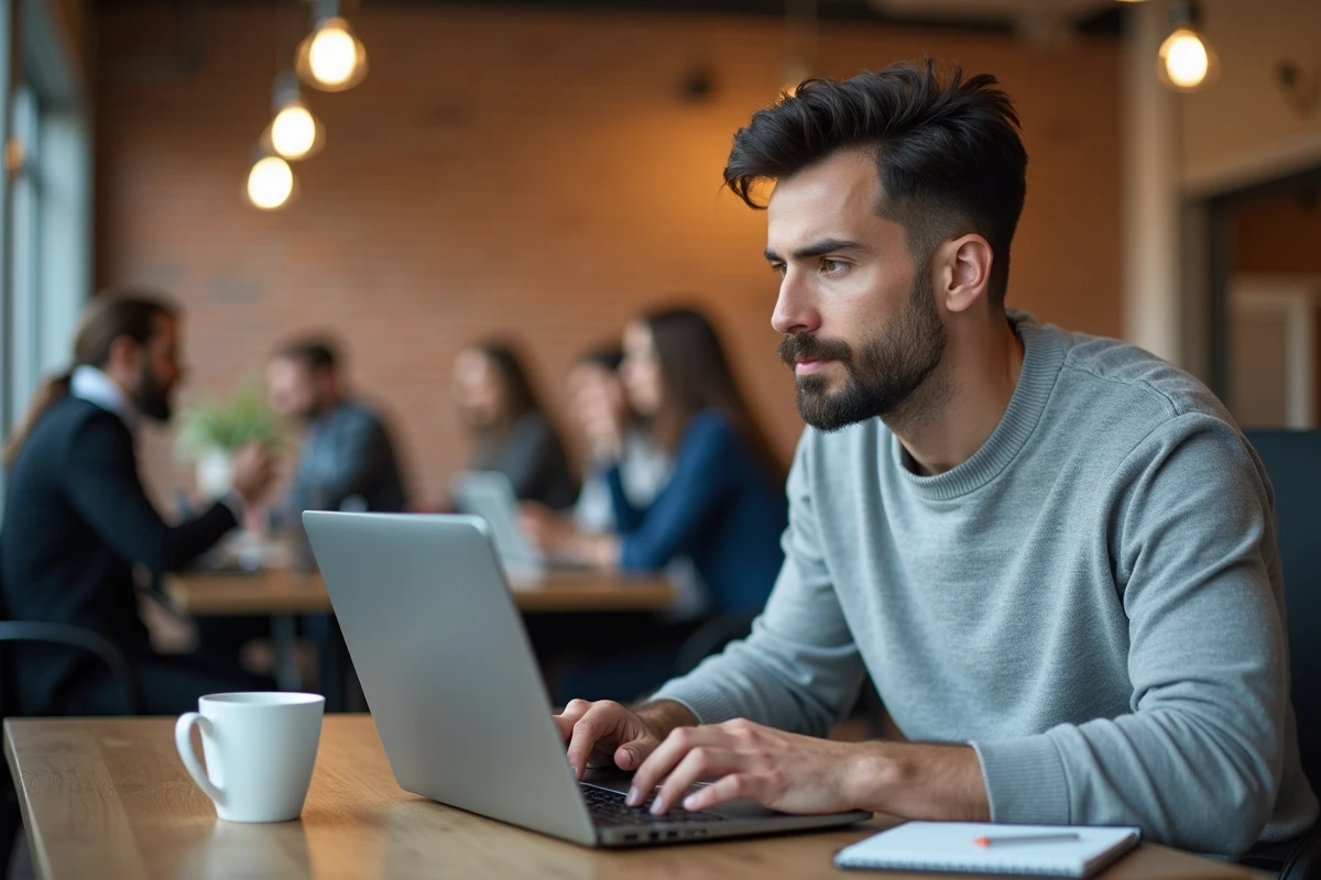 Freelance masculin analysant ses statistiques LinkedIn dans un espace de coworking moderne