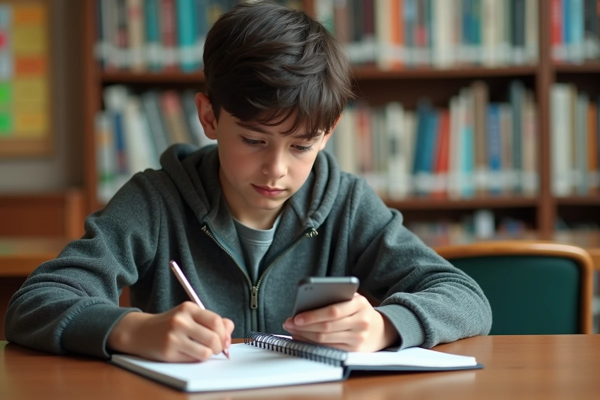 Garçon étudiant relisant ses notes à la bibliothèque