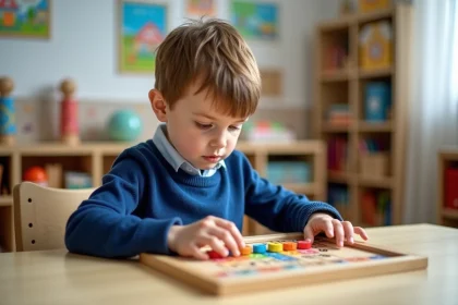 Gar&ccedil;on curieux utilisant des tuiles Montessori en classe