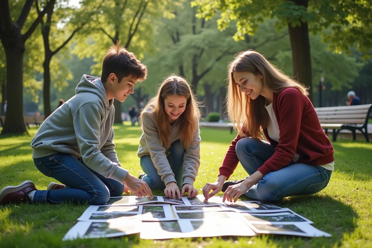 Trois adolescents arrangeant des photos dans un parc