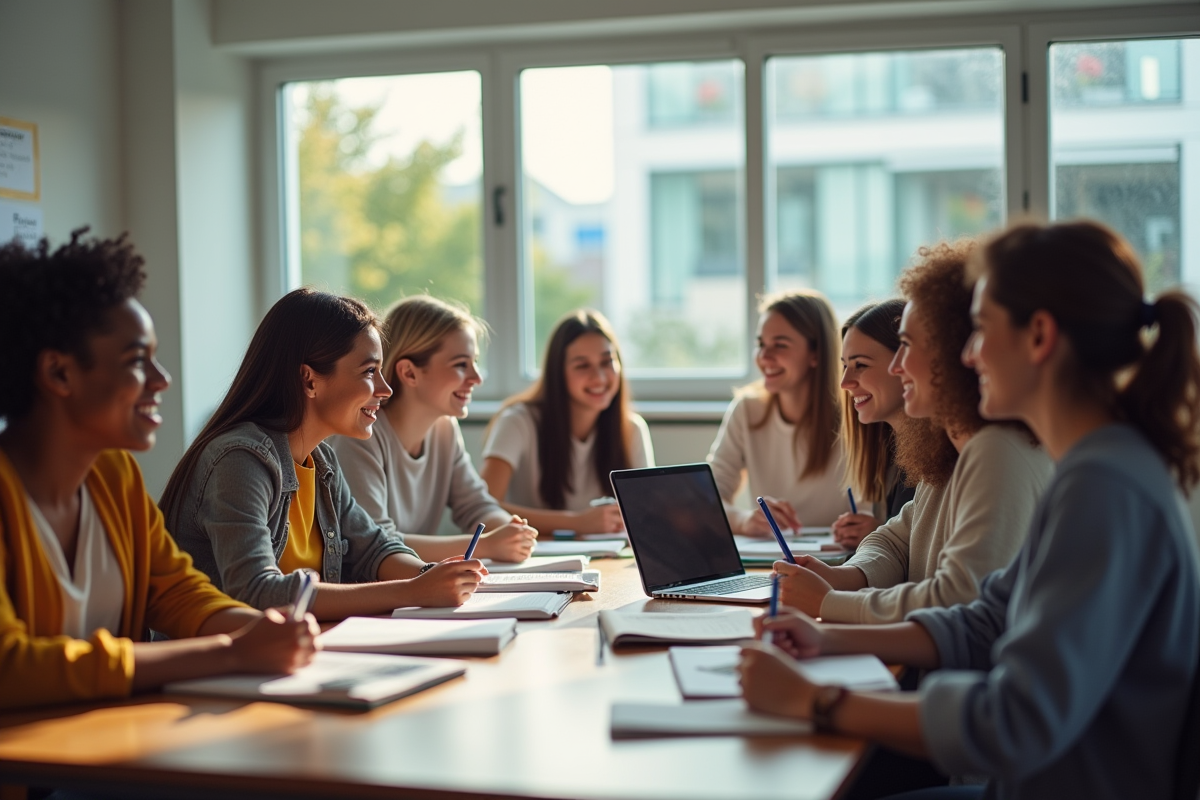 Groupe d'adultes divers apprenant l'anglais en classe lumineuse