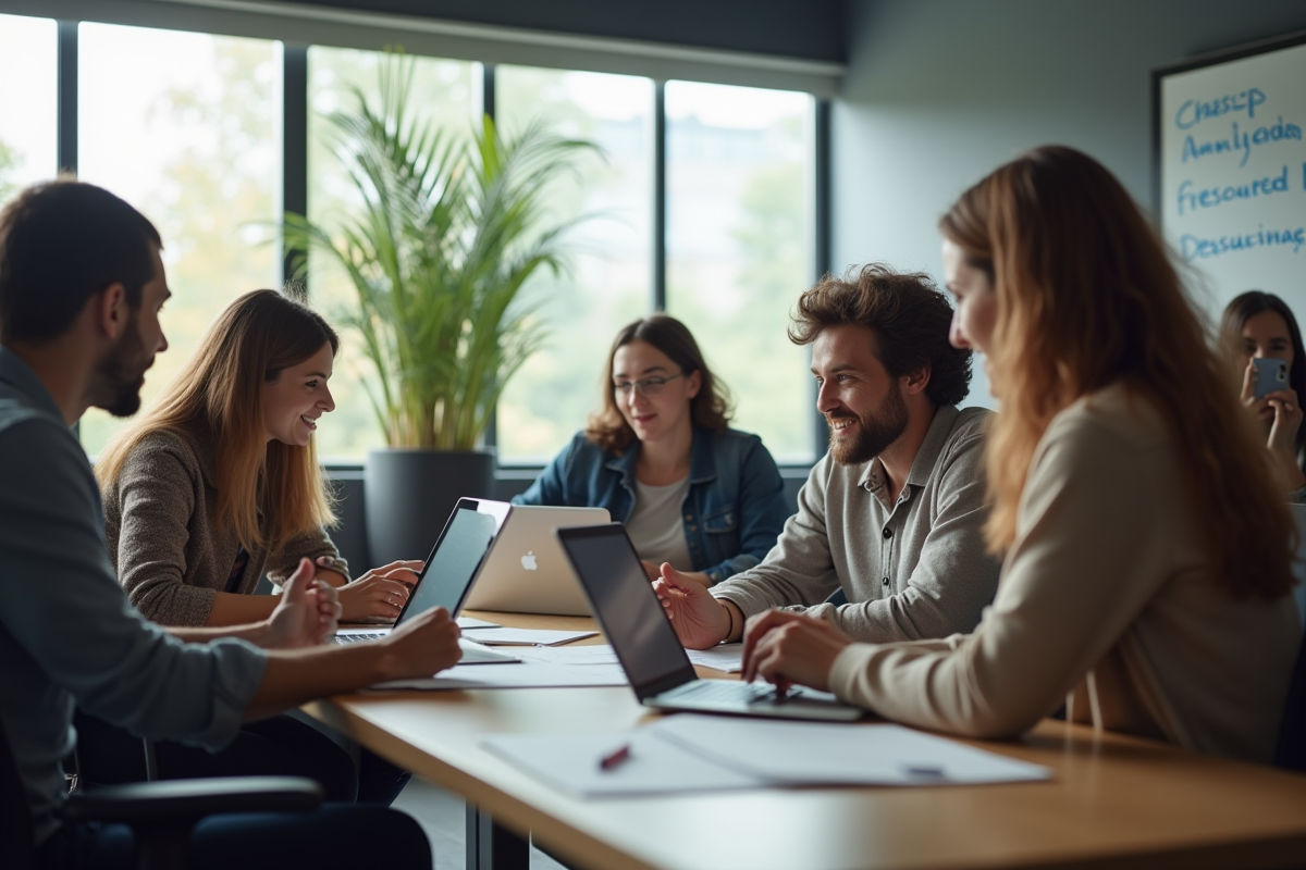 Groupe divers d'adultes en formation marketing numérique