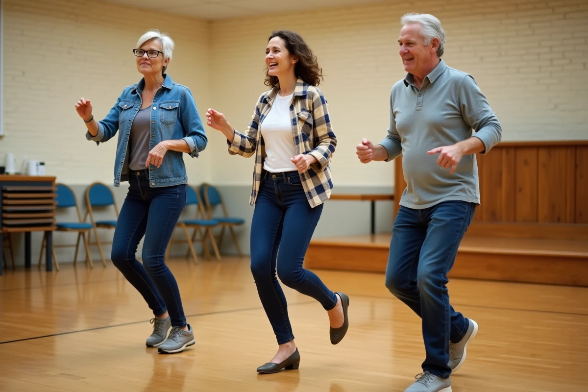 Groupe d'adultes en cours de danse Madison dans une salle communautaire, apprenant les pas en ligne ensemble