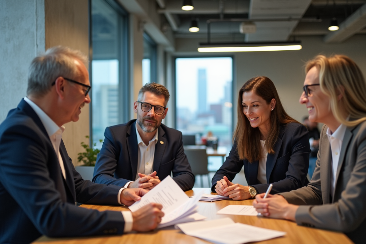 Groupe de quatre personnes en coworking partageant des idées