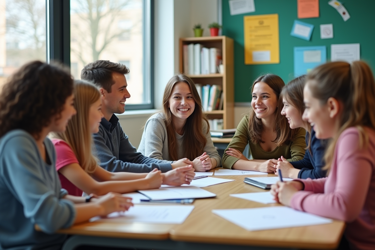 Groupe de lycéens et professeur dans une salle lumineuse