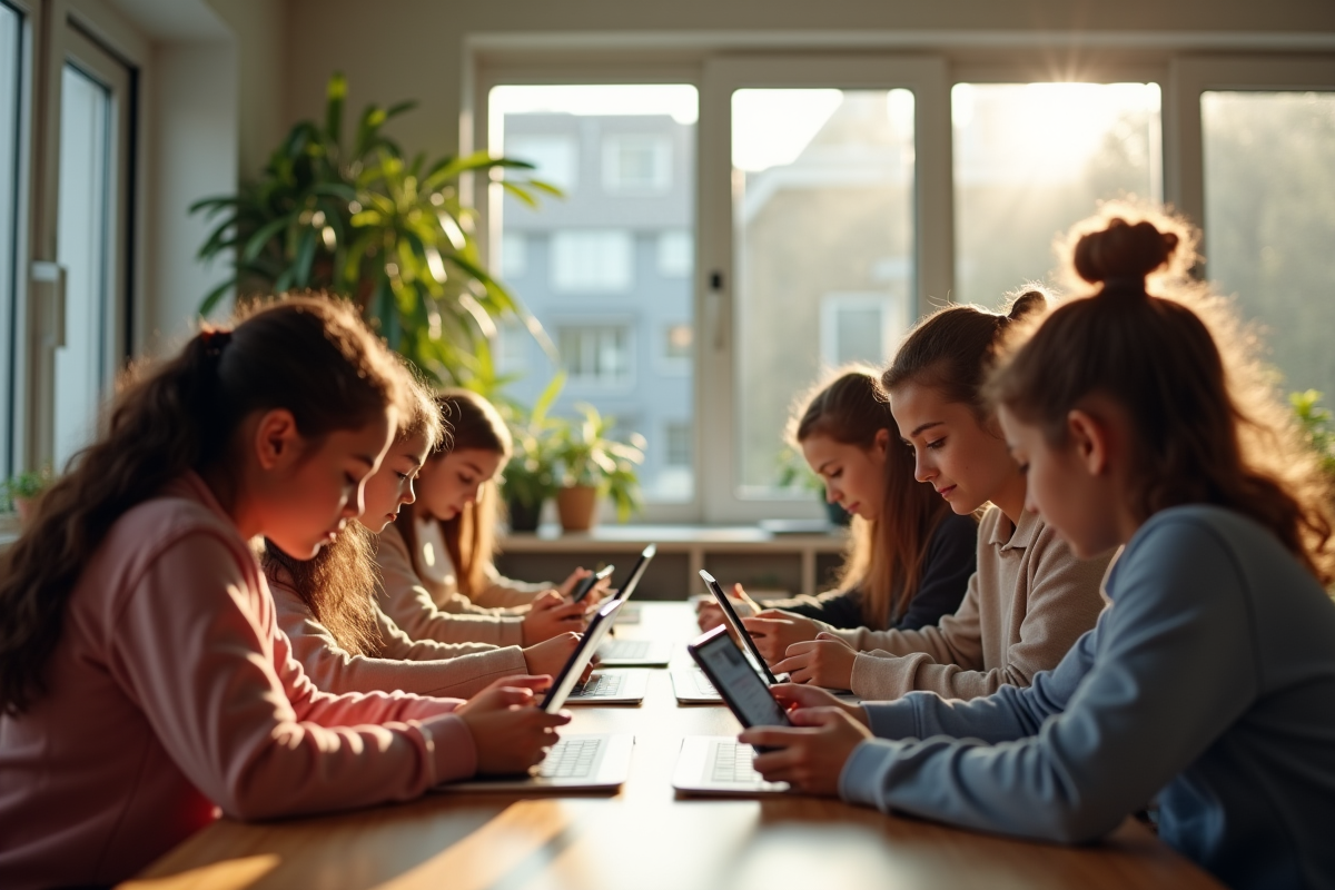 Groupe d'étudiants divers utilisant des tablettes en classe