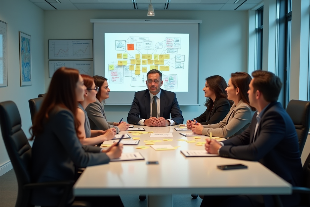 Groupe de professionnels en réunion brainstorming avec notes