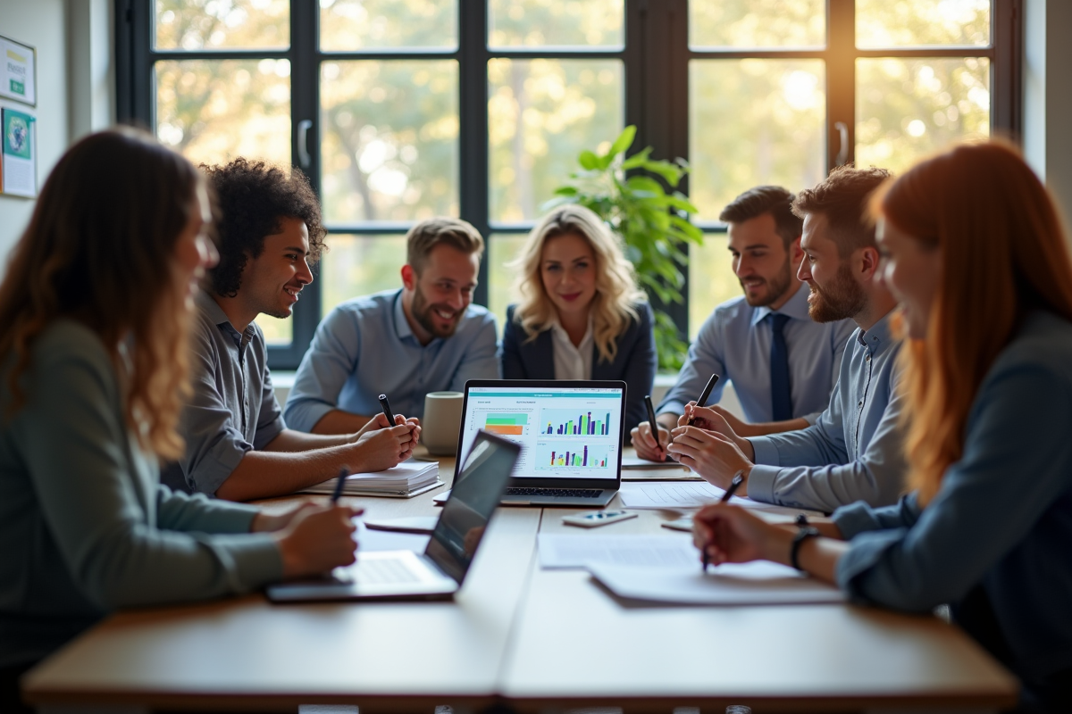 Groupe de personnes discutant autour d'une table en bureau lumineux