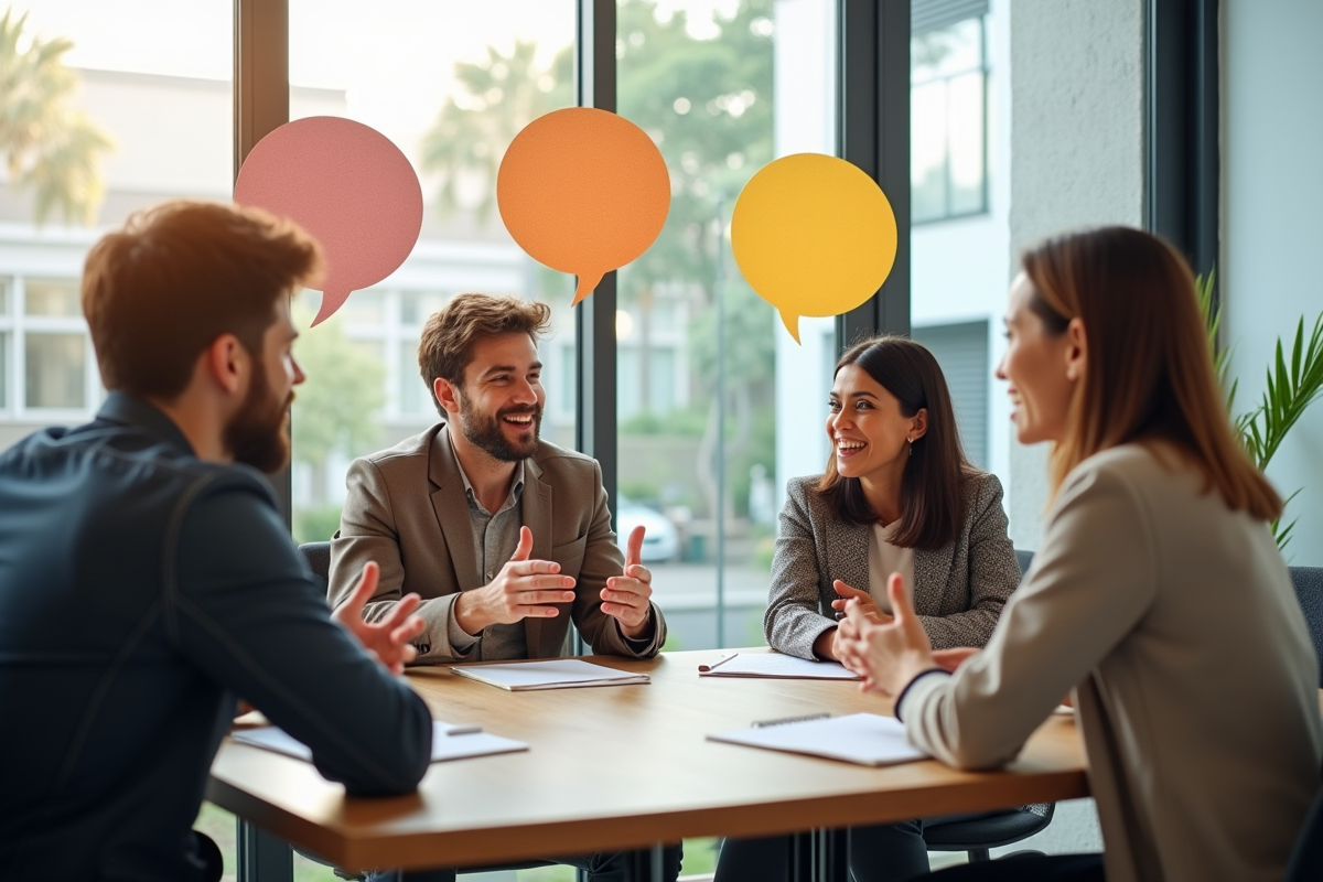 Quatre personnes diverses discutent autour d'une table lumineuse