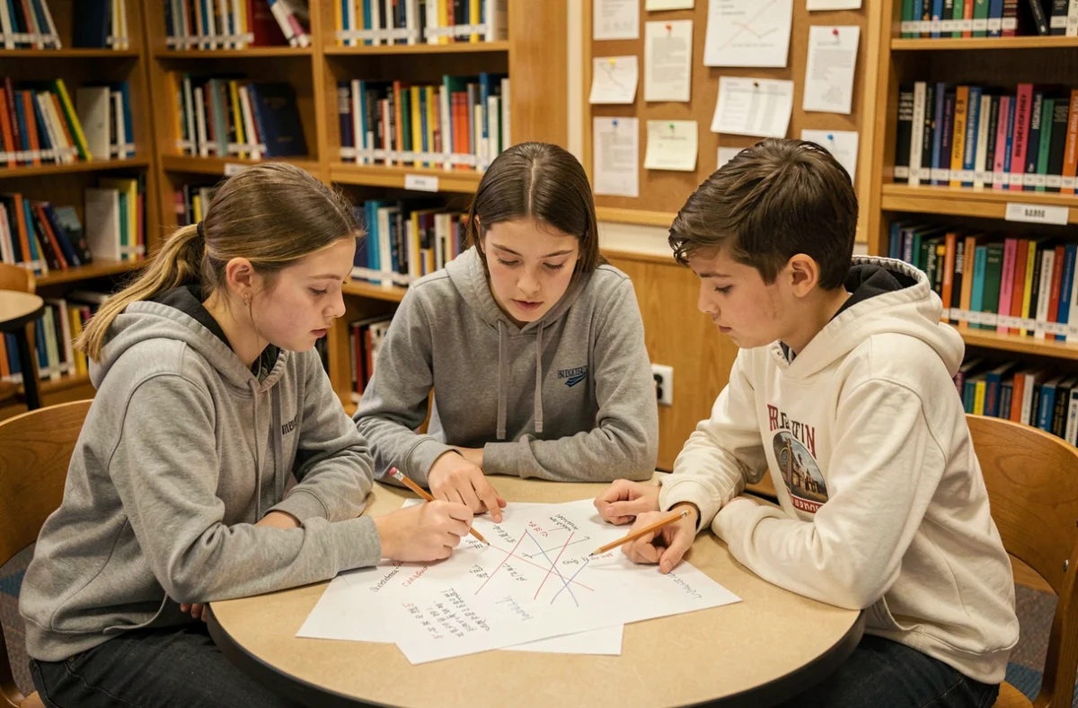 Groupe d'élèves de collège qui travaillent ensemble sur un discours de délégué de classe dans une bibliothèque scolaire