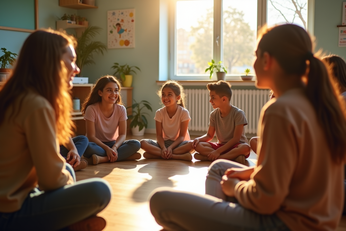 Groupe d'enfants et adultes en cercle dans une classe lumineuse