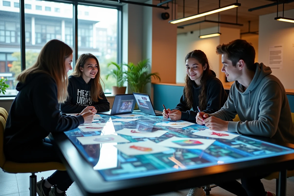 Groupe d'étudiants du Gaming Campus collaborant autour d'une table de conception lors d'un atelier de développement de jeux vidéo