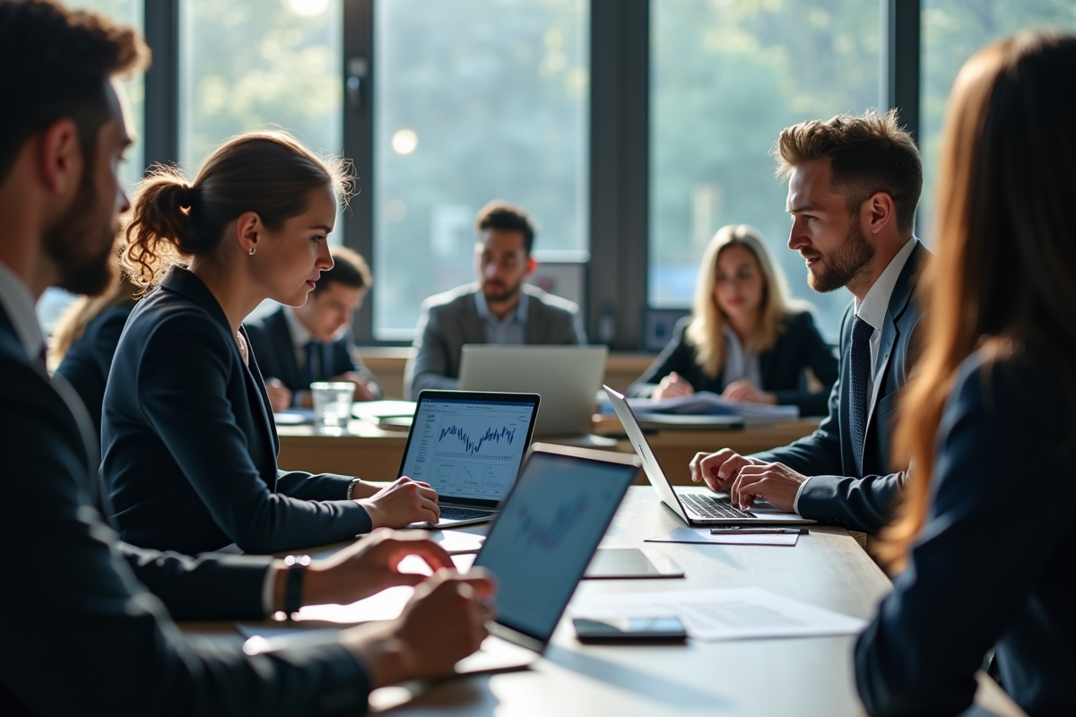 Groupe d'étudiants MBA en classe moderne analysant des graphiques financiers