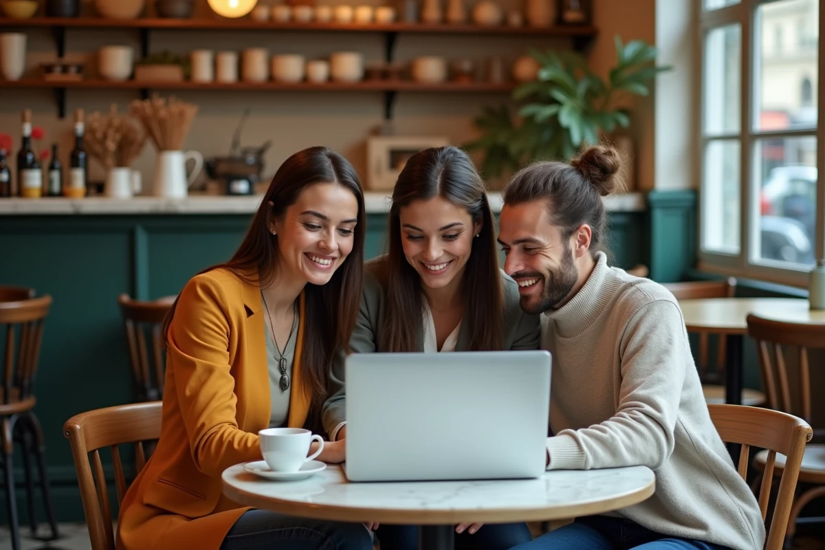 Groupe d'adultes discutant d'une formation digitale en ligne autour d'un ordinateur dans un café parisien