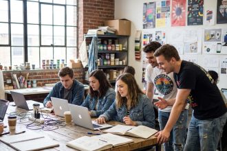 Groupe de jeunes adultes en design studio collaboratif