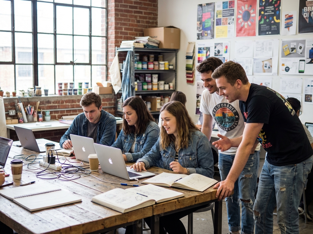 Groupe de jeunes adultes en design studio collaboratif