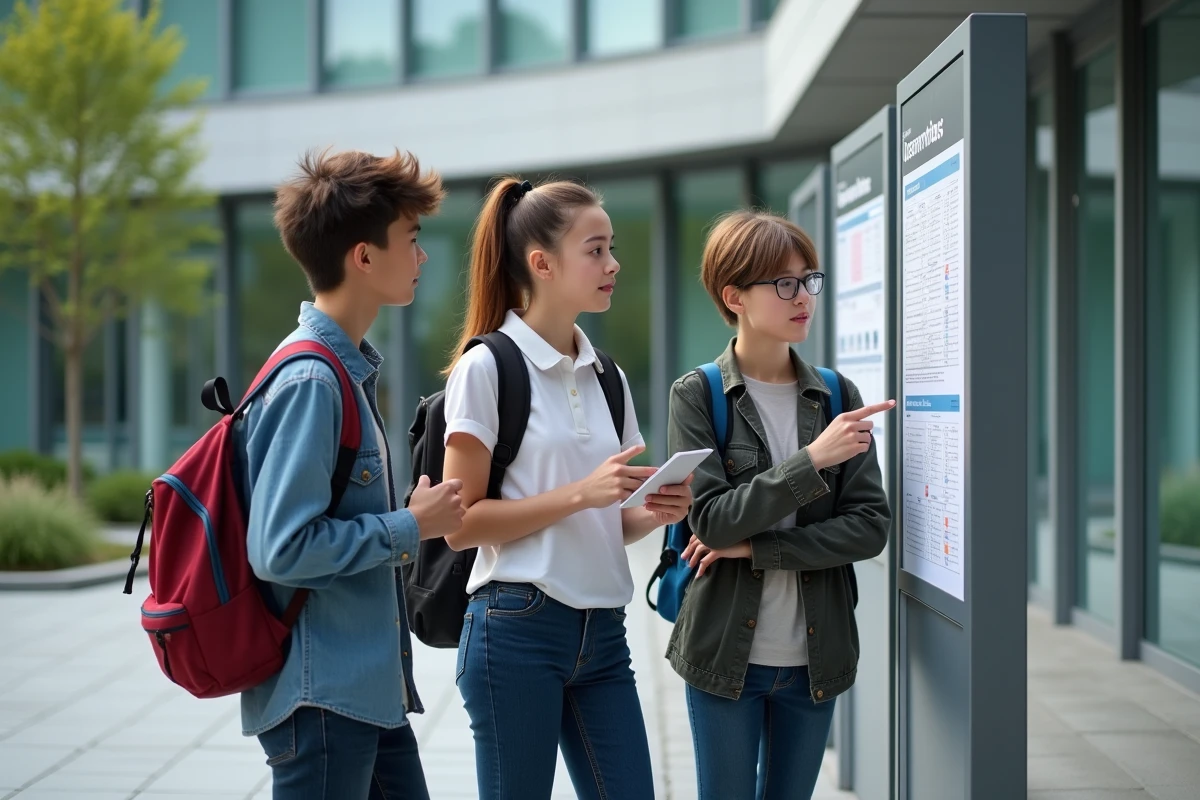 Trois lycéens vérifiant leurs résultats devant l