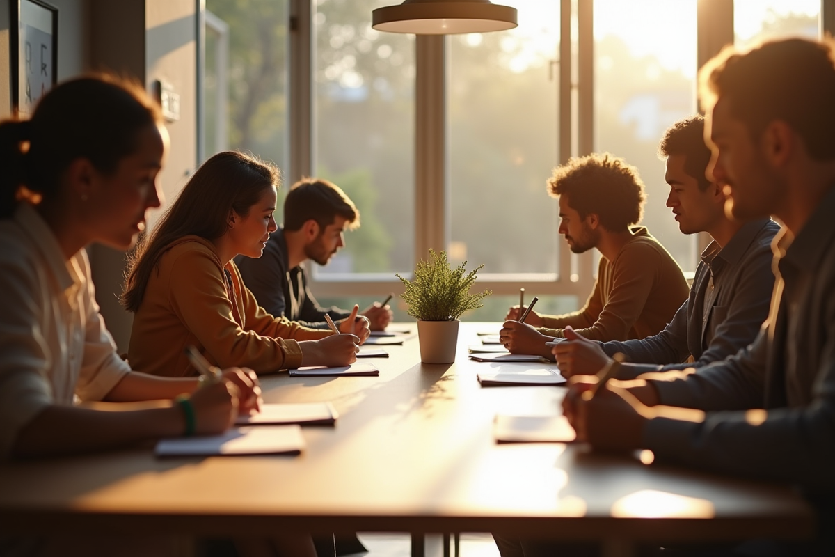 Groupe de personnes écrivant des objectifs personnels autour d'une table