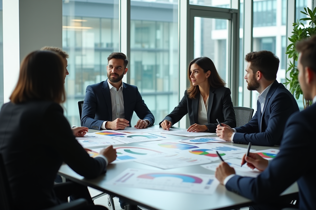 Groupe de professionnels analysant des graphiques colorés en réunion