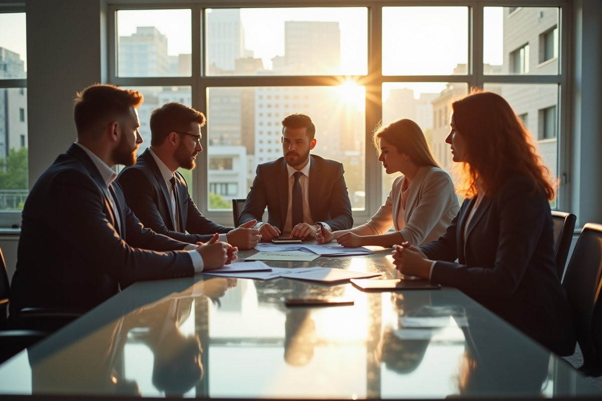 Groupe de professionnels en réunion dans un bureau lumineux