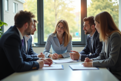Groupe de professionnels en réunion dans un bureau lumineux