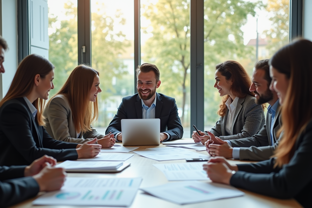 Groupe de professionnels collaborant dans un bureau lumineux