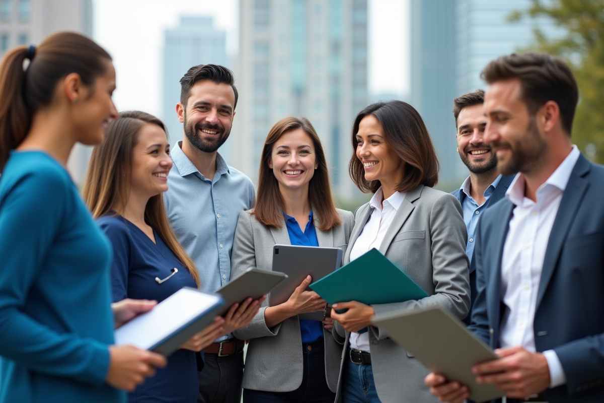 Groupe de professionnels divers souriants avec dossiers de recrutement