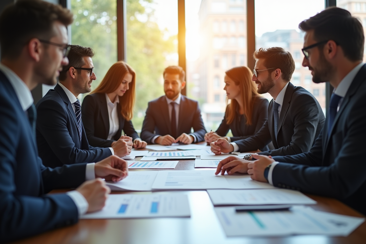 Groupe de professionnels en réunion d'équipe autour d'une table