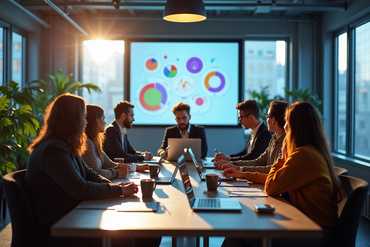 Groupe de jeunes professionnels en brainstorming dans un espace moderne