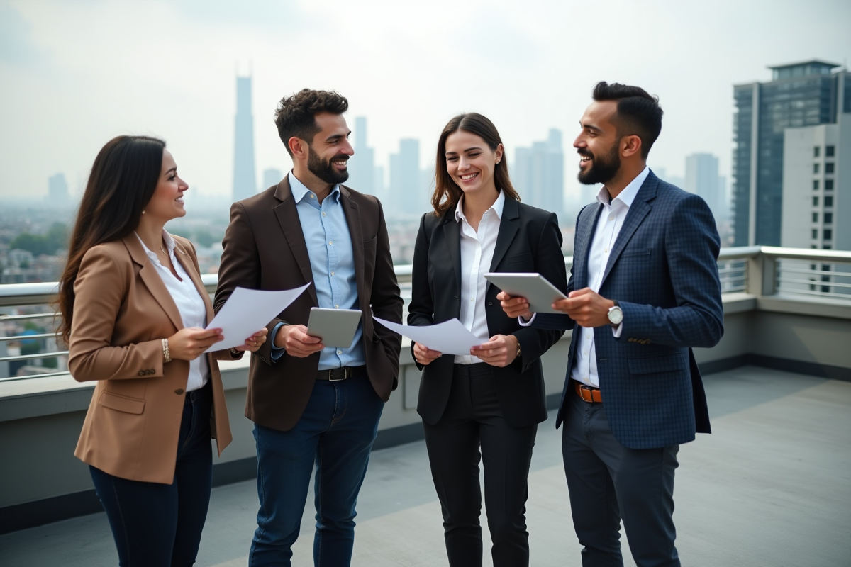 Groupe de professionnels divers en discussion sur un rooftop urbain