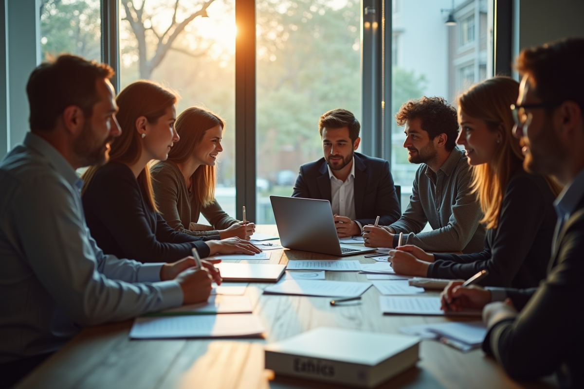 Groupe diversifié en réunion dans un bureau moderne sur le thème de l'éthique