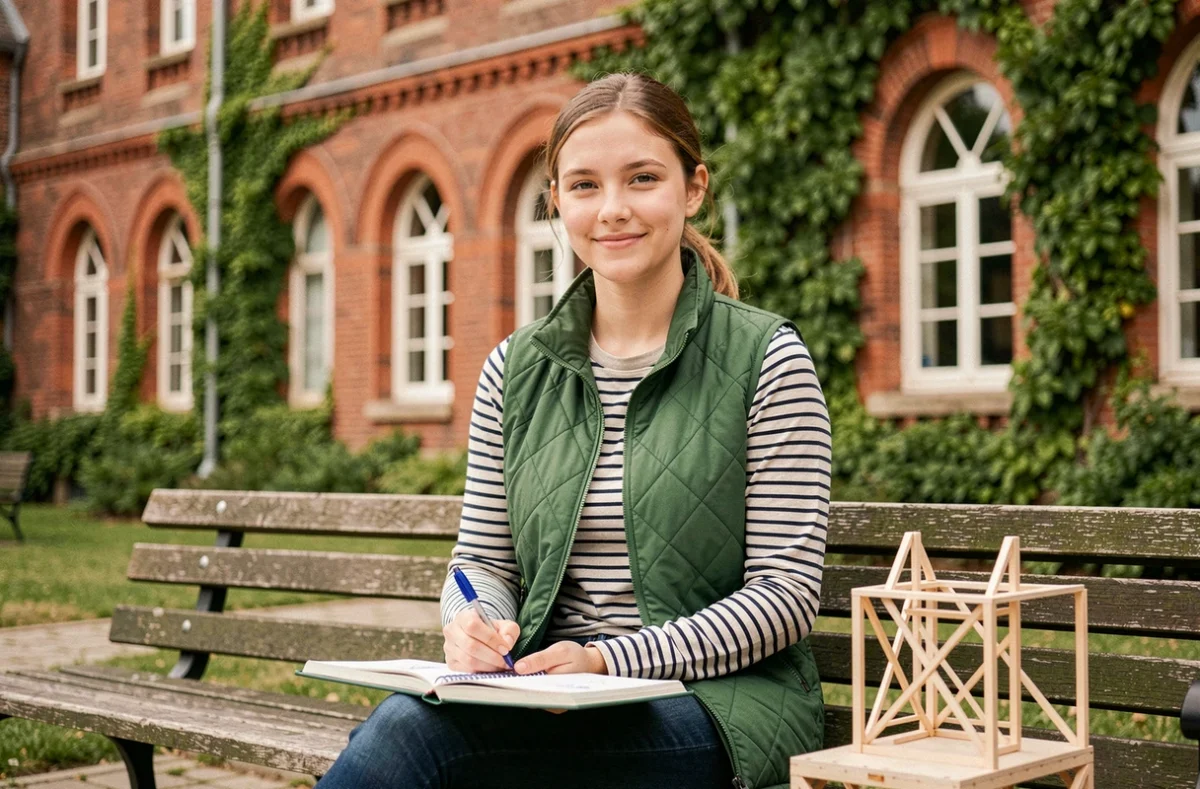 Étudiante de HEI Lille assise sur un banc du campus avec un carnet de croquis et un prototype devant un bâtiment en briques historique