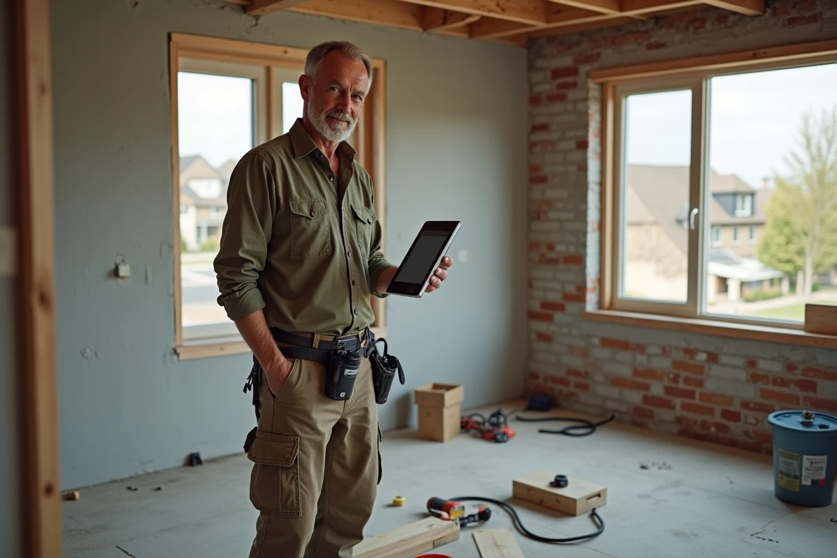 Homme en tenue de chantier contrôlant un mur en rénovation