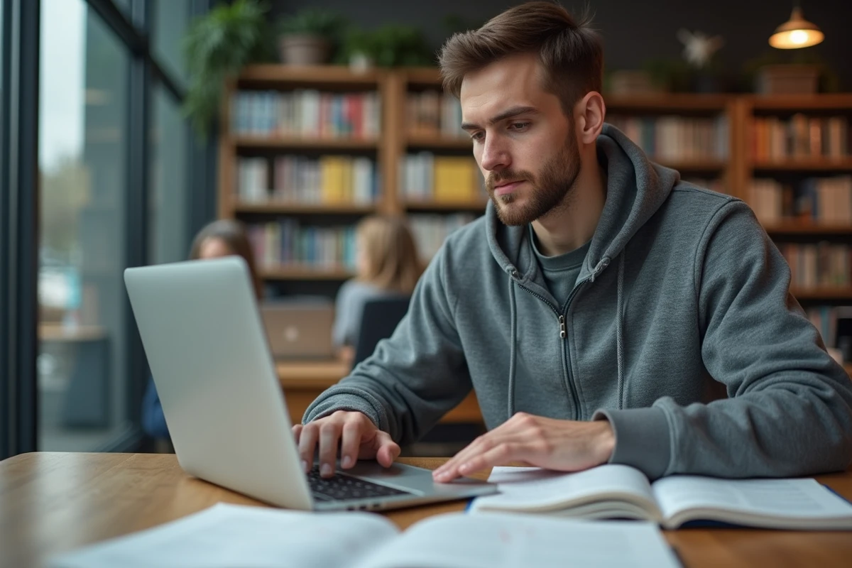 Homme travaillant sur des connecteurs avancés en français à l'aide d'un ordinateur et de fiches imprimées en bibliothèque
