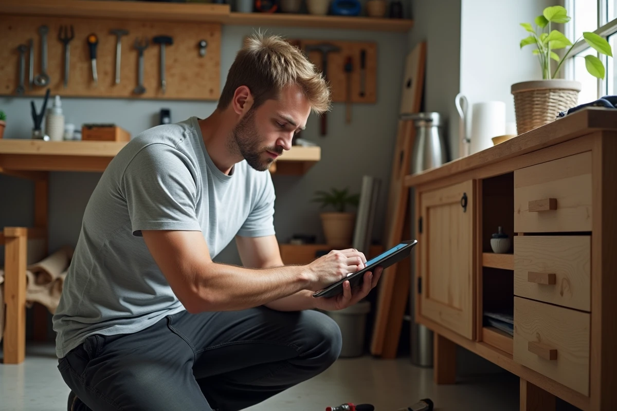 Homme apprenant le bricolage pas à pas grâce à un tutoriel en ligne sur tablette dans un atelier maison