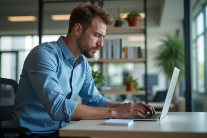 Homme concentré travaillant à son bureau moderne en open space