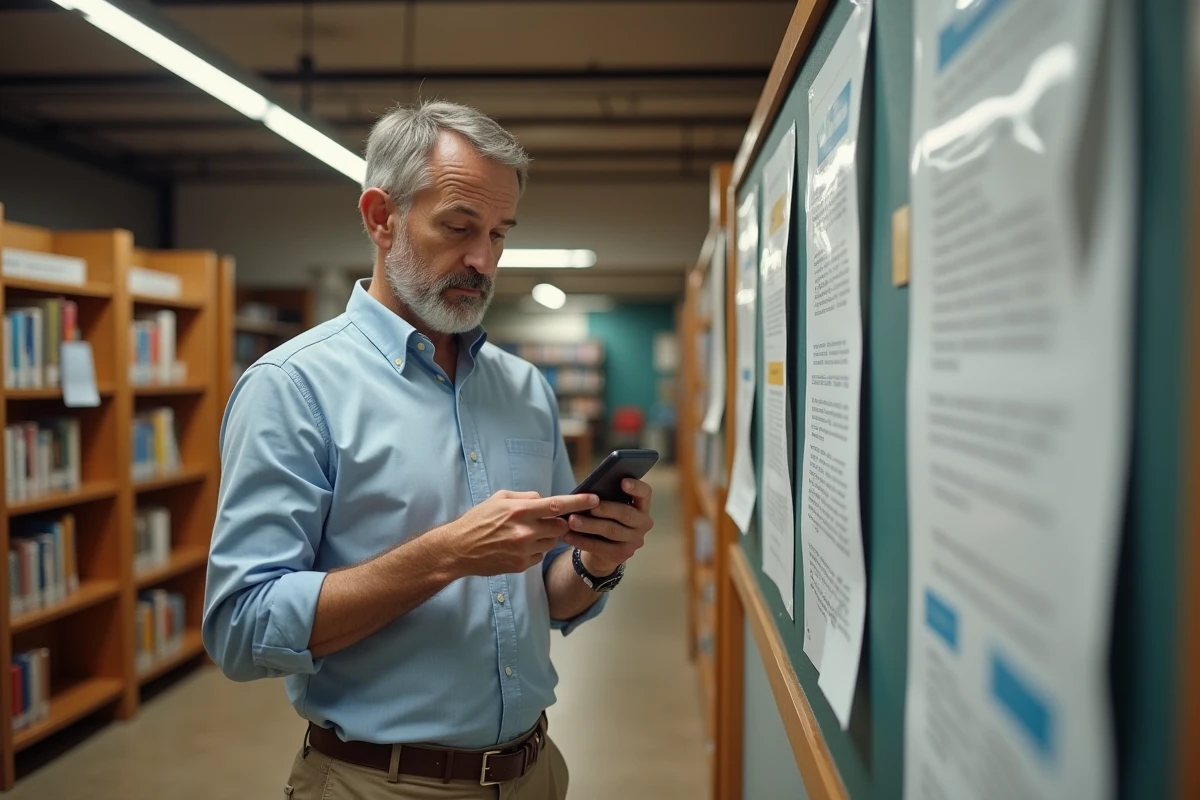 Homme vérifiant prix de formation sur smartphone en bibliothèque