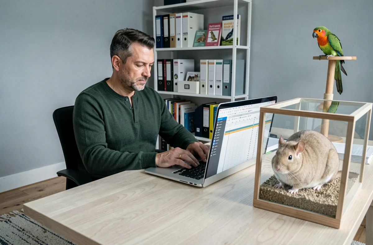 Homme calculant le coût de la certification ACACED pour NAC avec un chinchilla et une perruche dans un bureau à domicile