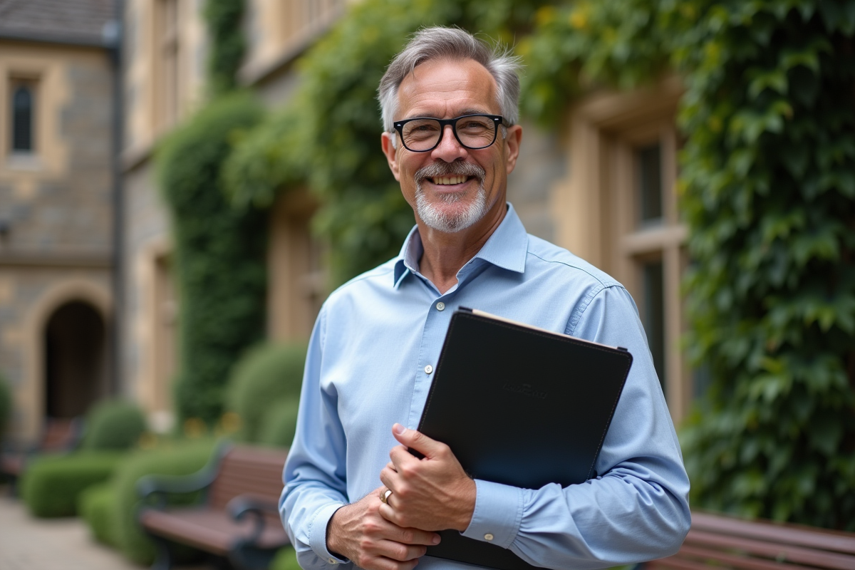 Homme avec diplôme devant un bâtiment universitaire ancien