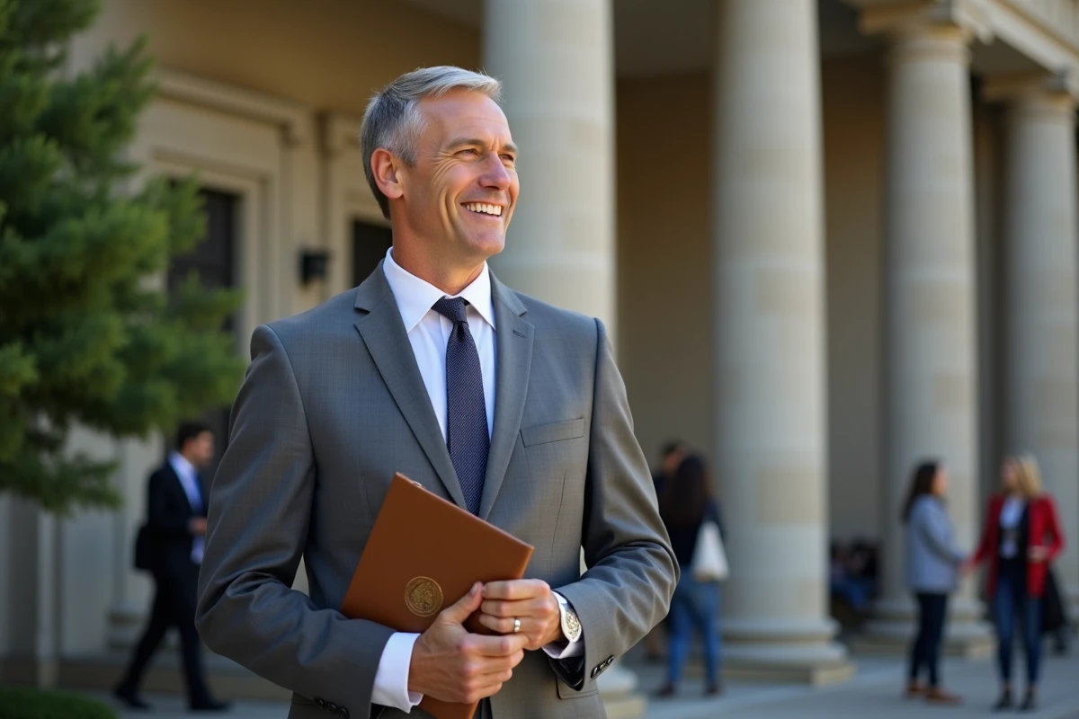 Homme en costume devant universite avec groupe d etudiants