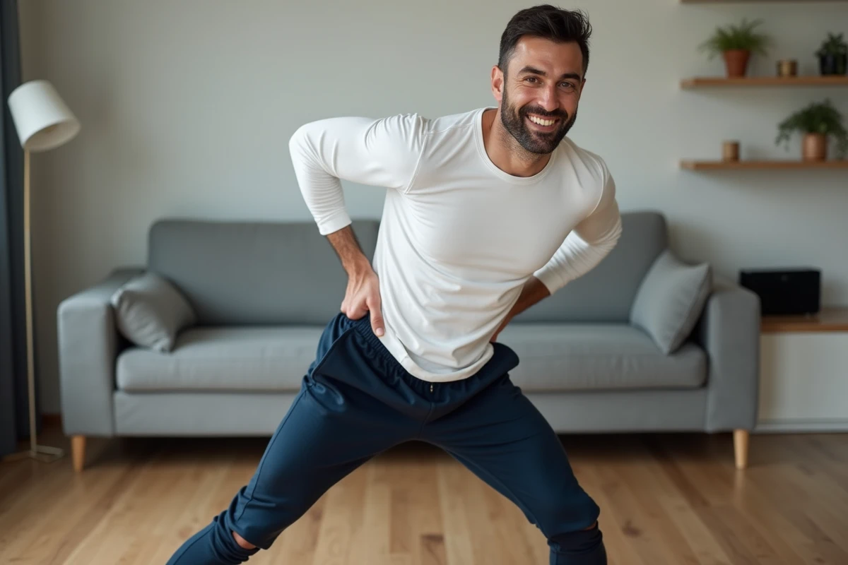 Homme s'étirant les hanches chez lui pour se préparer à apprendre la danse Madison, exercice de délier le corps