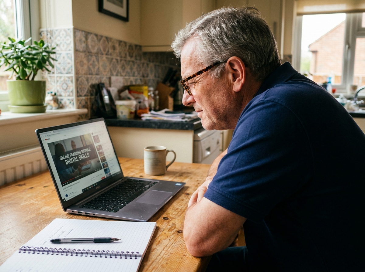 Homme âgé suivant une formation en ligne à la maison
