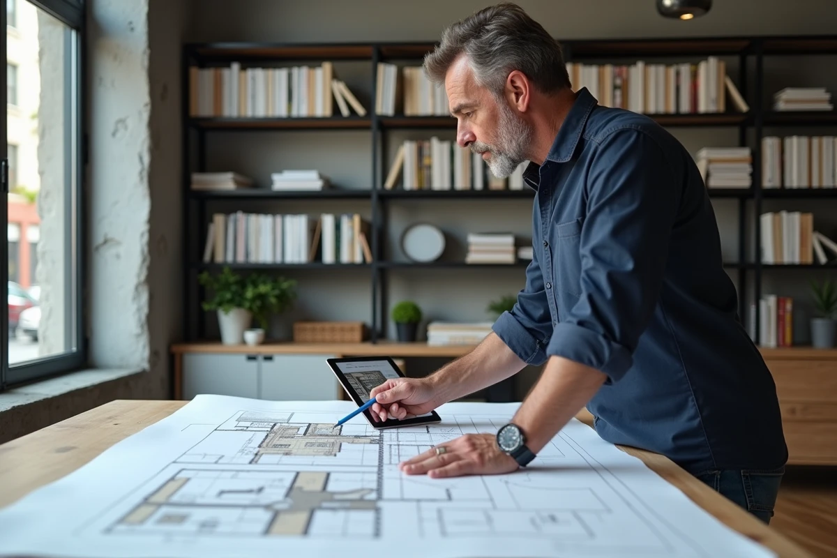 Homme en formation décorateur intérieur analysant un plan d'architecture dans un espace de coworking moderne