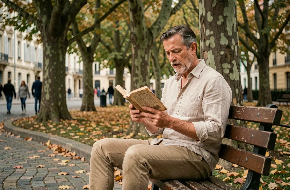 Homme lisant un livre à voix haute sur un banc de parc en automne, évoquant la narration et l'usage de l'imparfait dans les histoires en espagnol