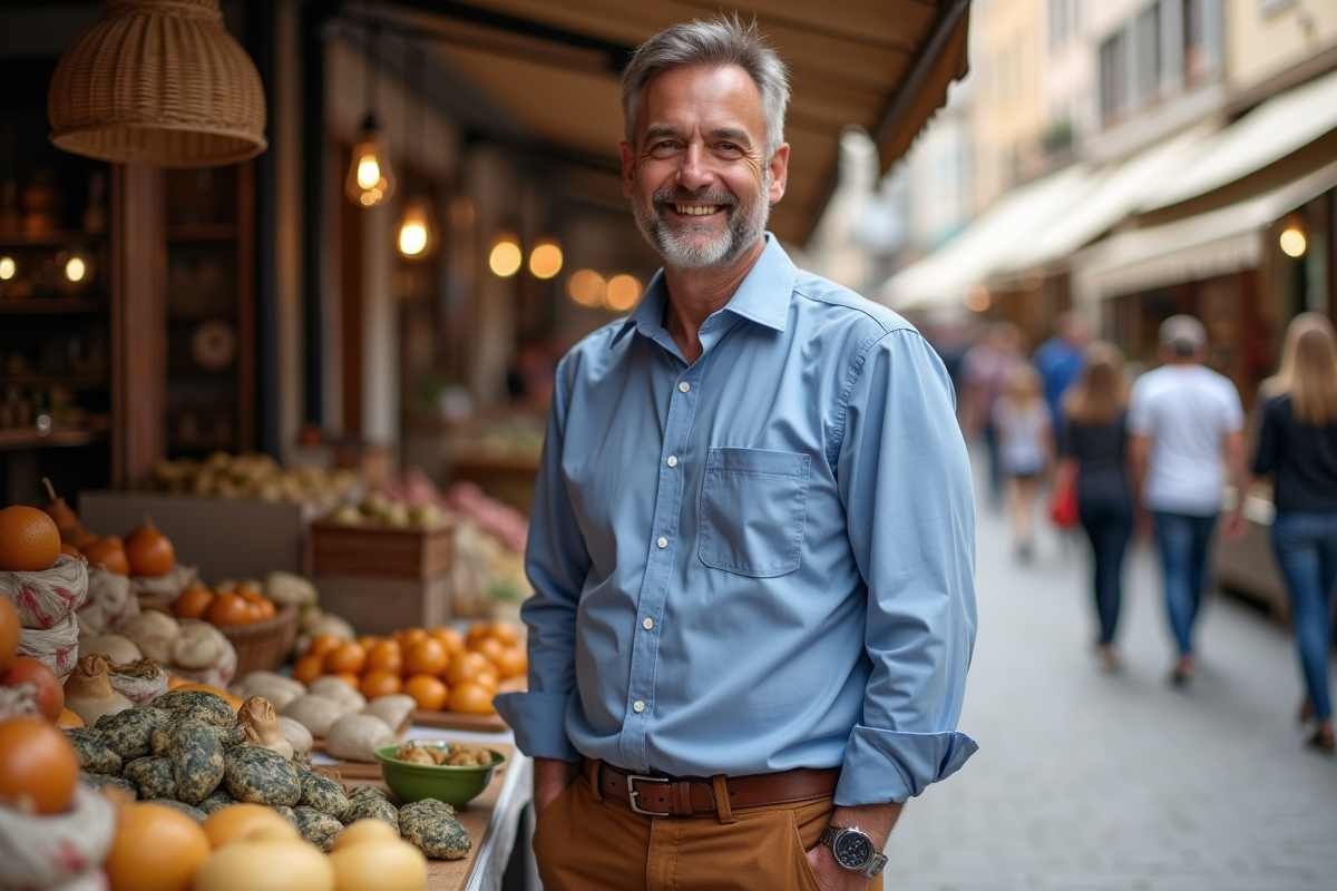 Homme dans un marché artisanal en plein air