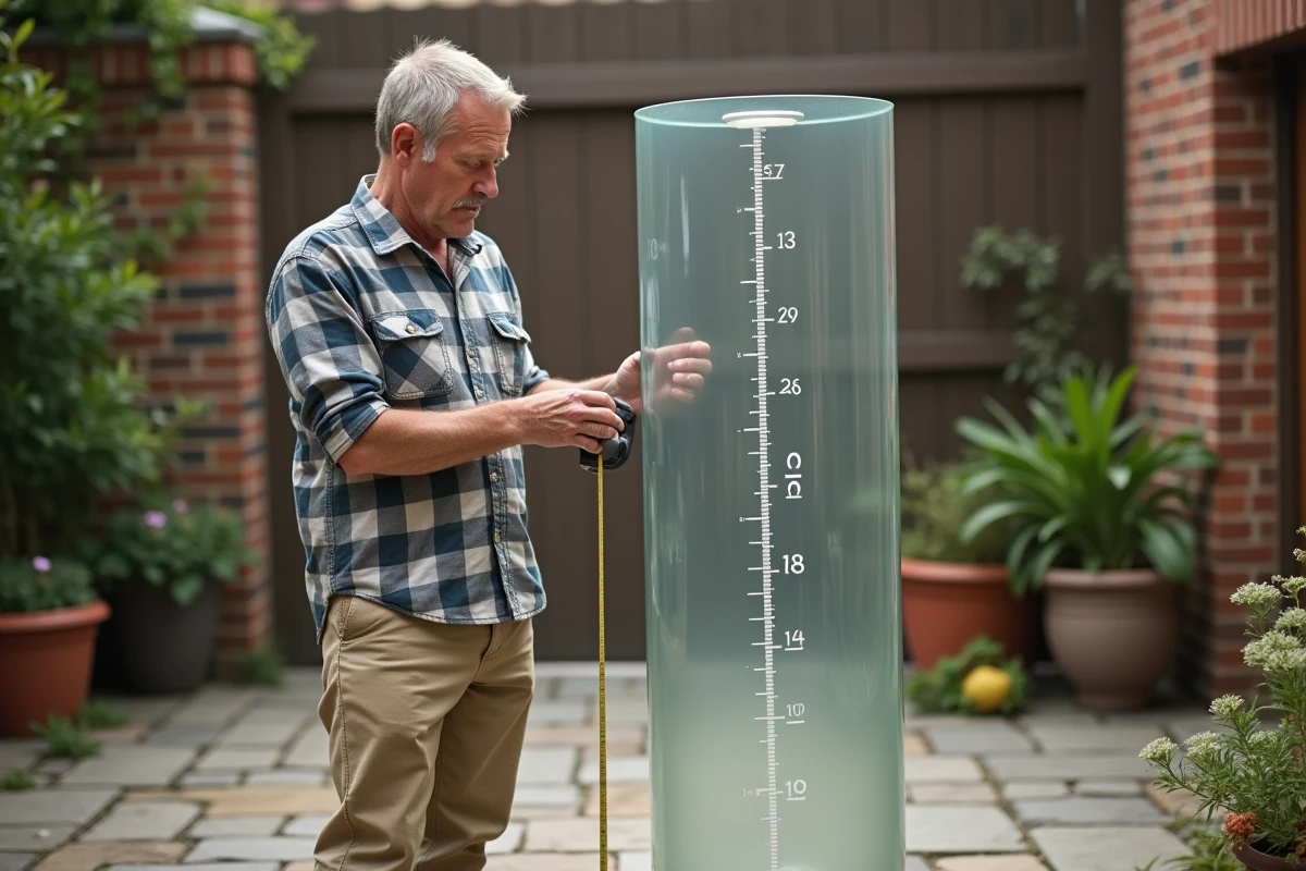 Homme mesurant un cylindre en acrylique &agrave; l