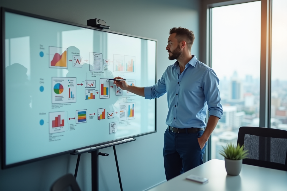 Homme expliquant un workflow devant un tableau blanc