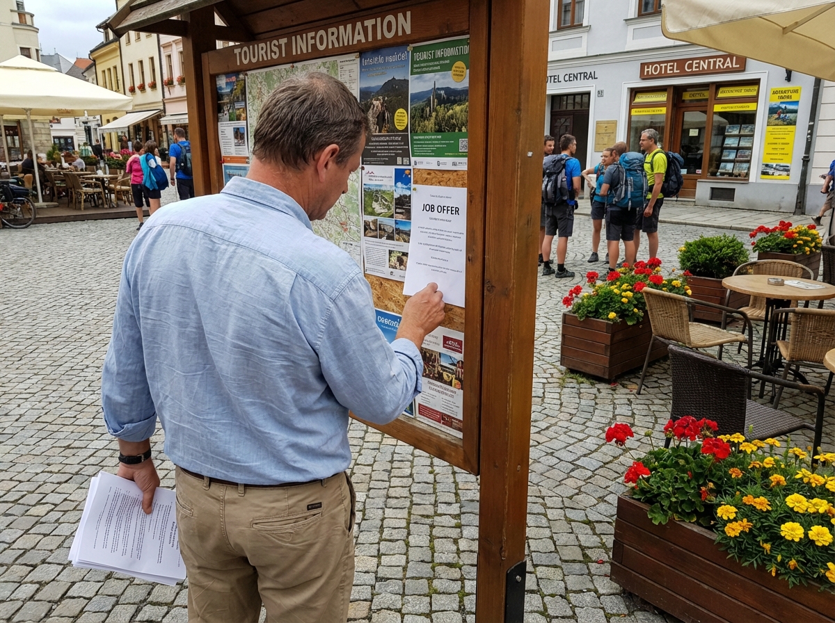 Homme lisant une offre d emploi devant un panneau touristique