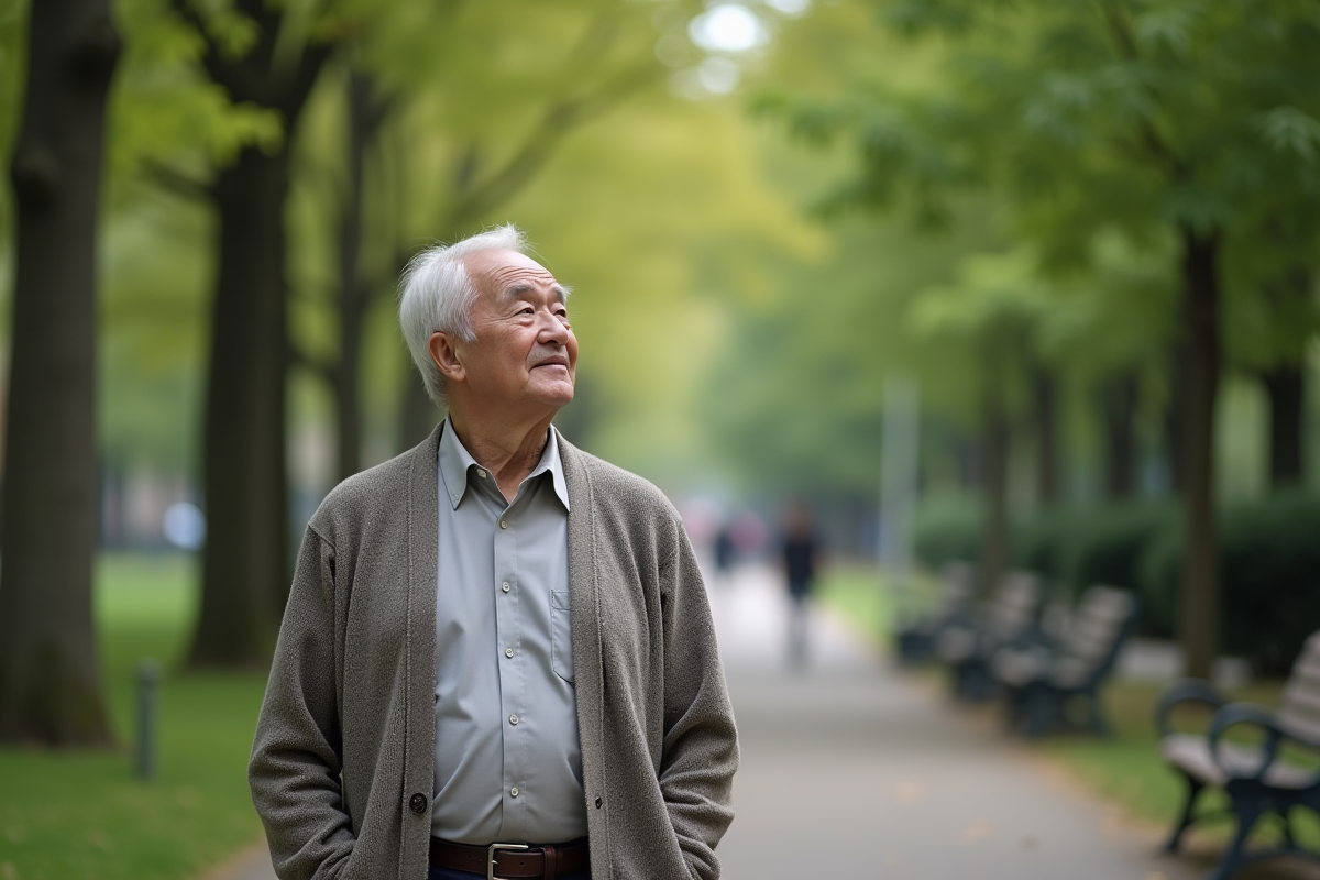 Homme âgé regardant les arbres dans un parc urbain